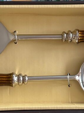 Polished Silver Serving Utensil Set with Amber Handles NWT in Original Gift Box